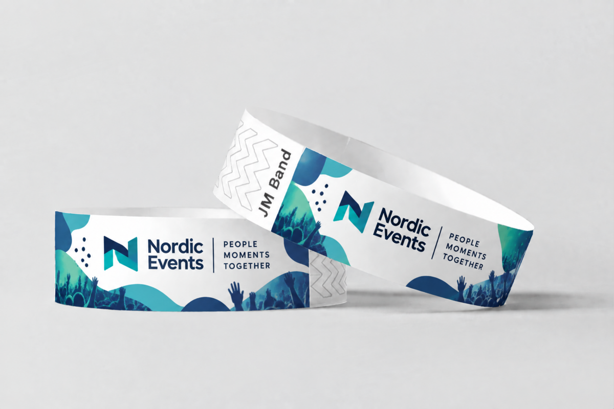 Two paper wristbands with full-colour blue and green event logo