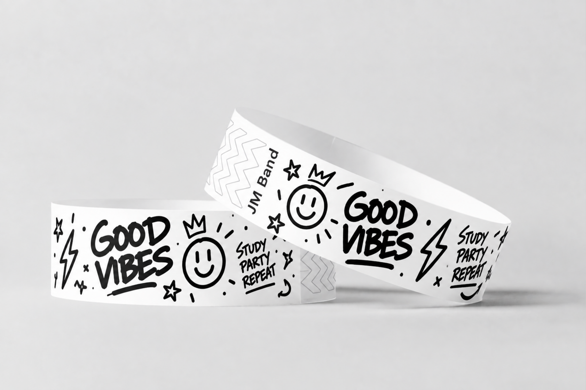 Two white paper wristbands with black printed doodle design