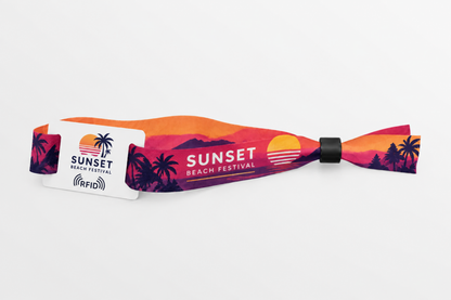 RFID rPET fabric wristband with orange sunset beach festival print