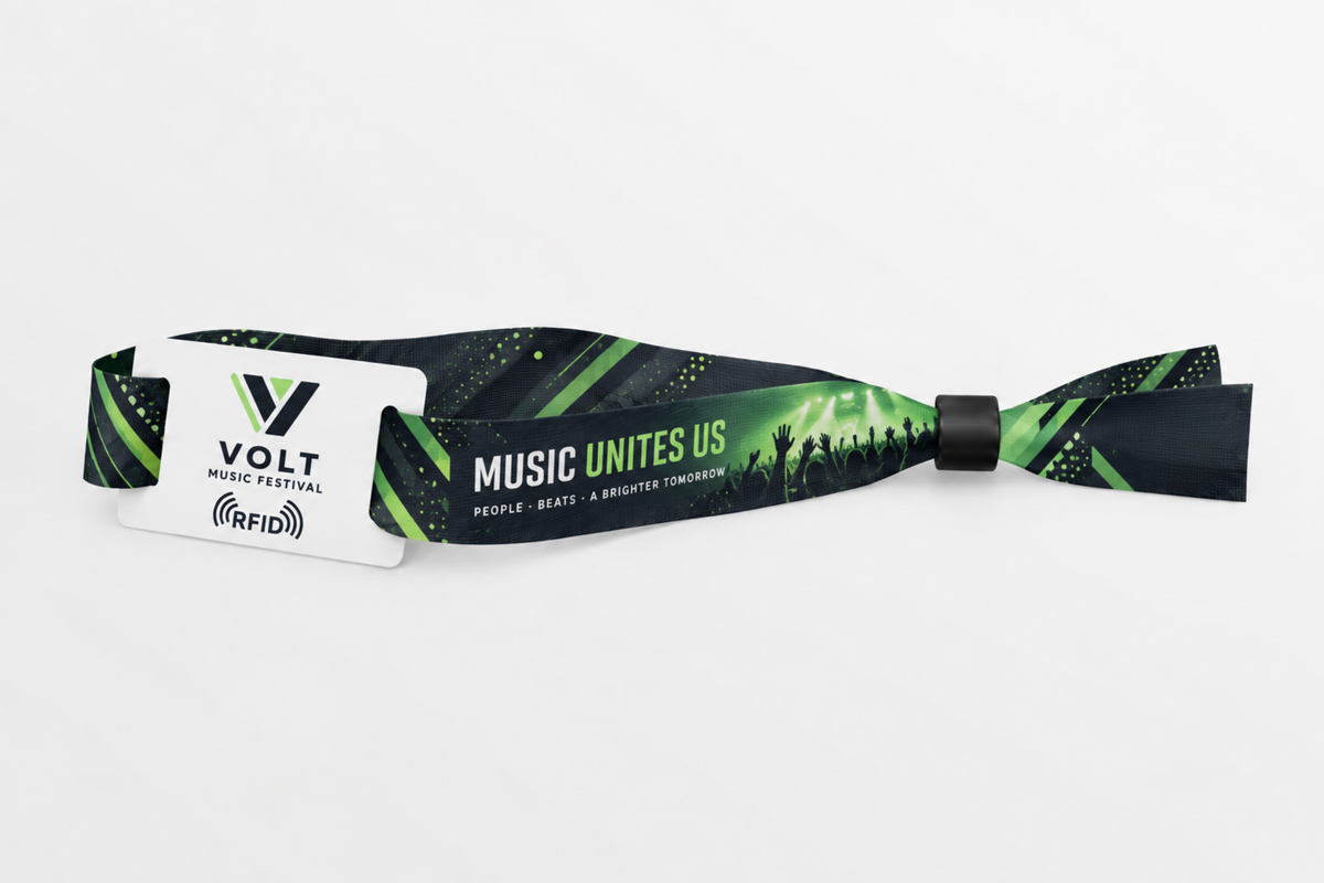 RFID rPET fabric wristband with dark green music festival print