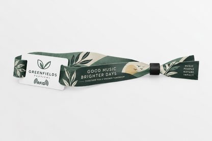 RFID rPET fabric wristband with green botanical print and white RFID tag