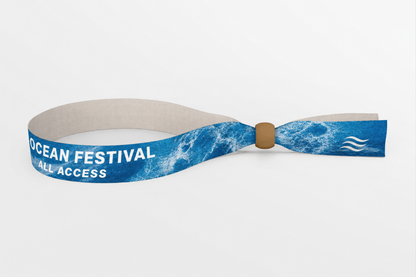 Blue rPET fabric wristband with ocean wave print and wooden lock